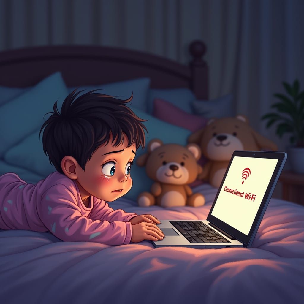 Sad Child Stares at Disconnected Laptop