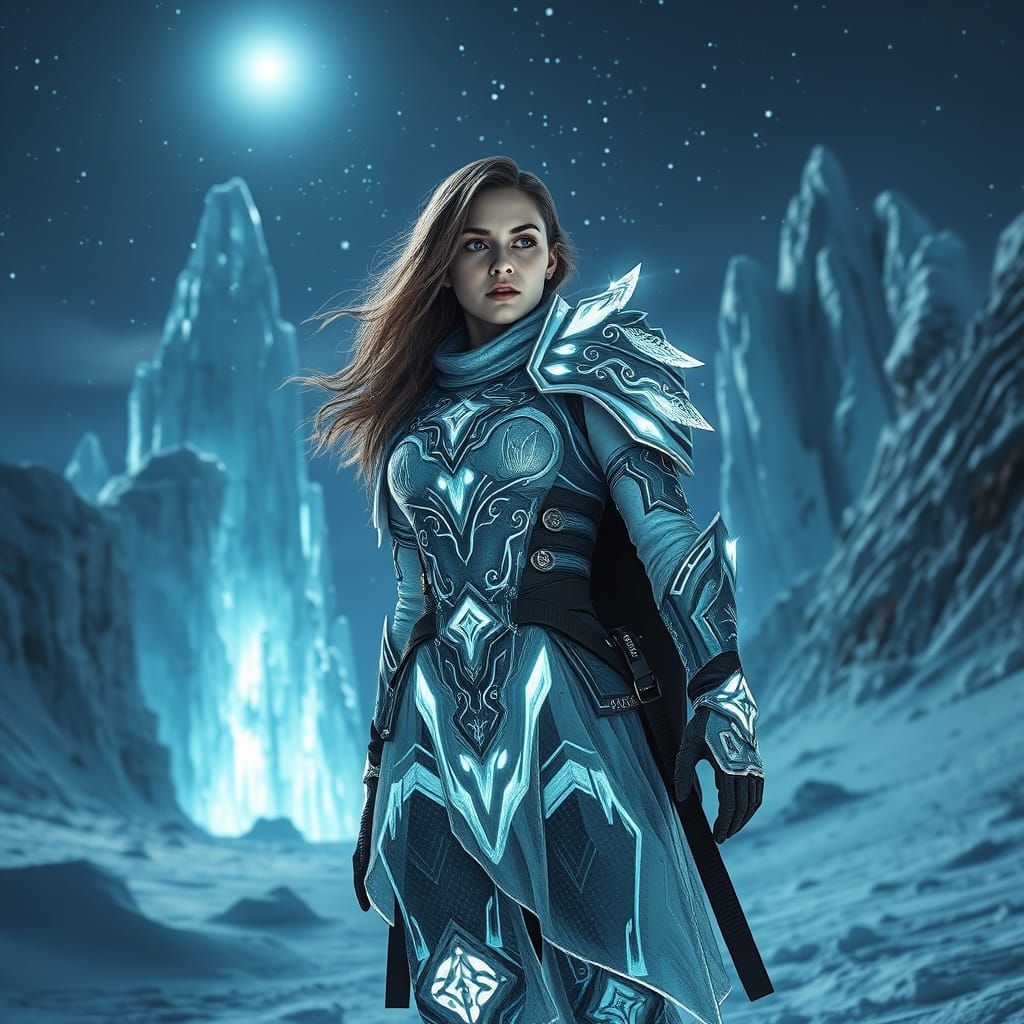 Nordic Woman in Ice Armor in Winter Landscape
