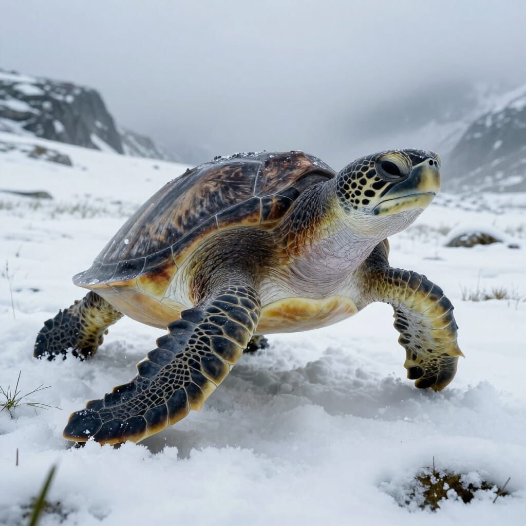 Majestic Sea Turtle on Snowy Alps Meadow