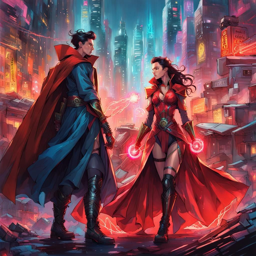 Cyberpunk Doctor Strange and Scarlet Witch Concept Art