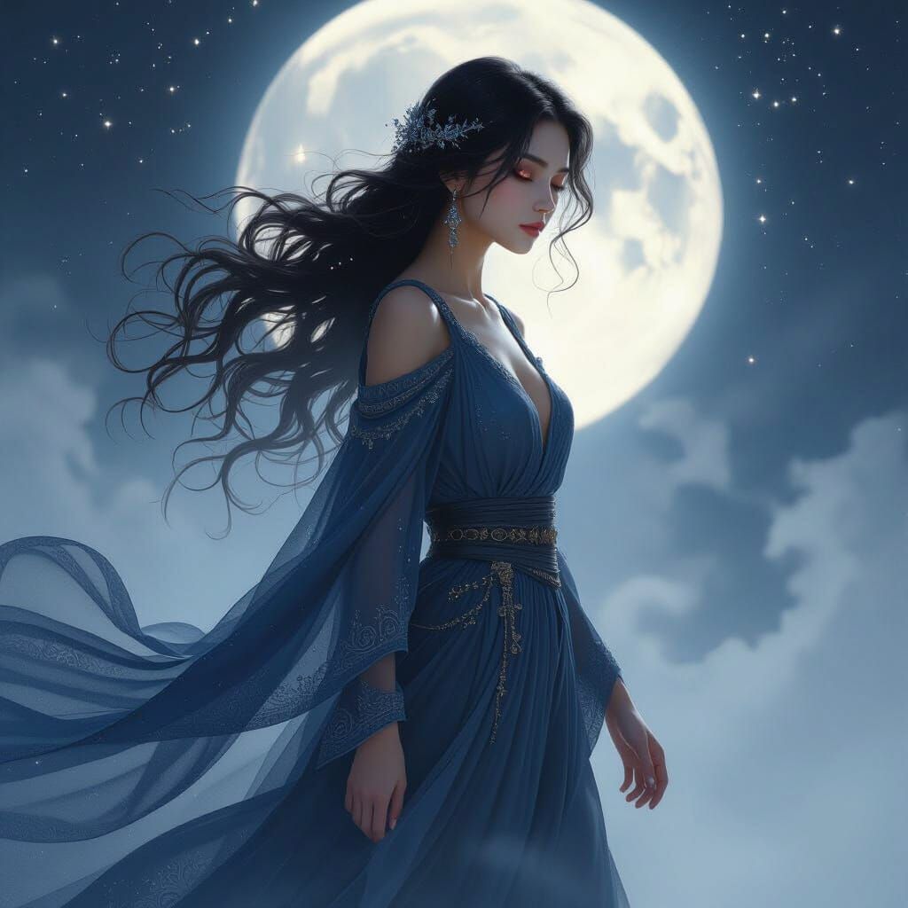 Ethereal Woman Walking in Lunar Mist, Digital Painting
