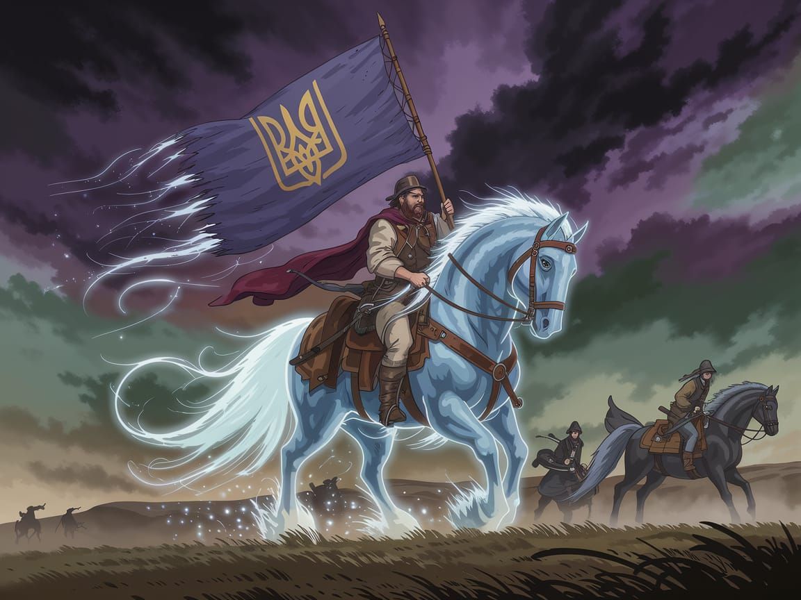 Ukrainian Cossack Rides Ghostly Steed in Graphic Novel Style