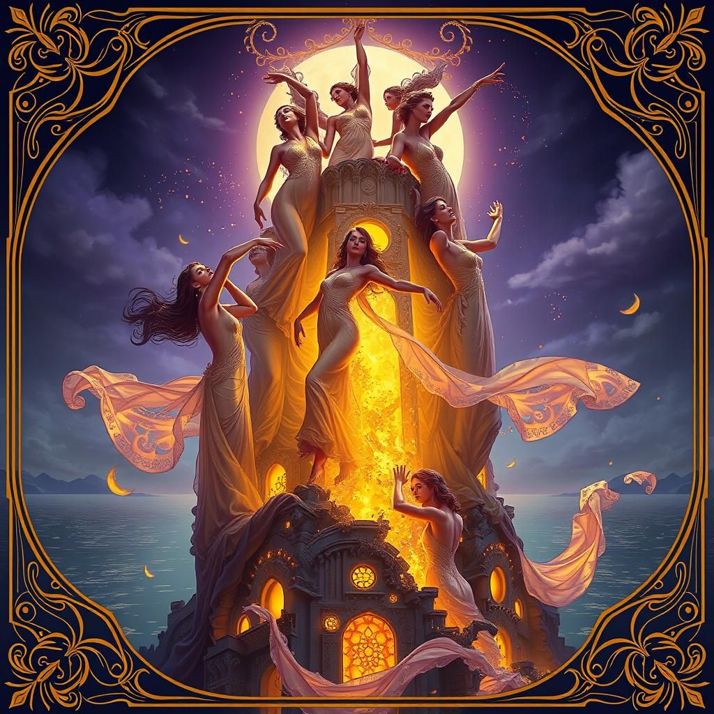 Ethereal Tower of Women Disintegrating in Art Deco Style