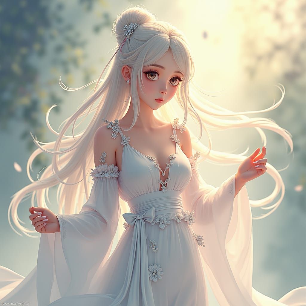 Anime Woman in Flowing White Clothes, 3D Render