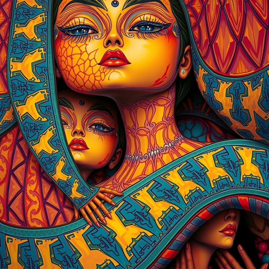 Iridescent Geometric Sculpture of Huddled Figures