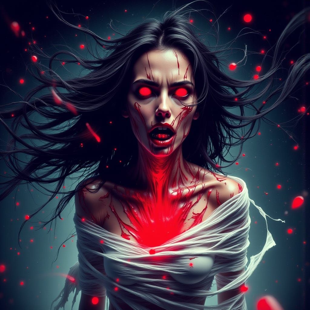 Woman in Space with Red Light, in Comic Style