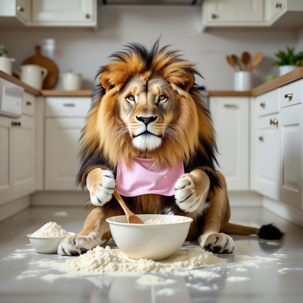 Flour-Covered Lion Chef in Modern Kitchen
