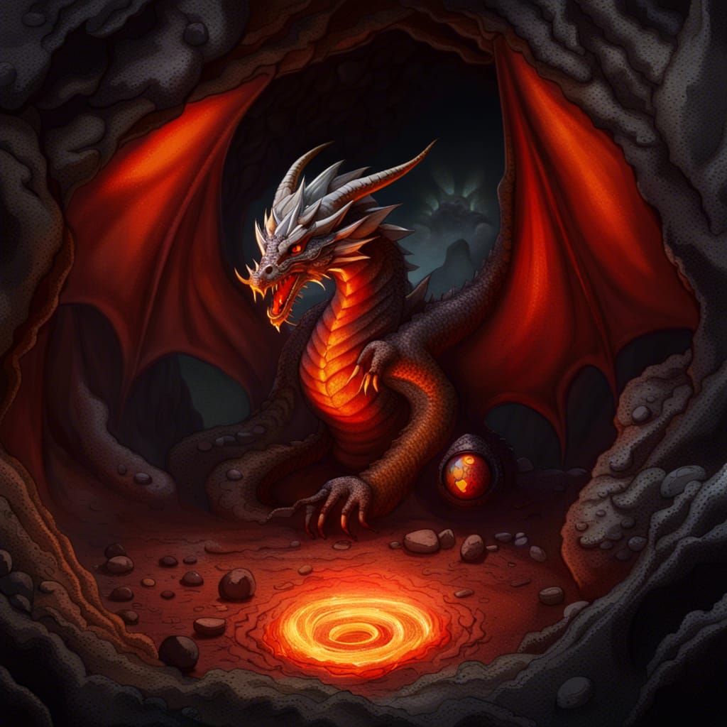 a dragon sitting in the middle of a massive cave with rings of lava surrounding the dragon. the dragon is guarding a nes...