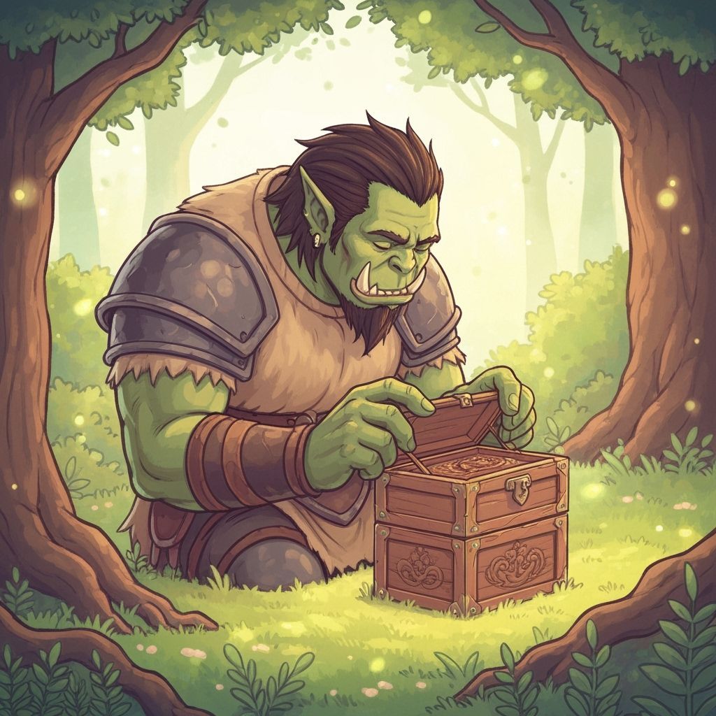 Gentle Orc Examines Treasure in Enchanted Forest