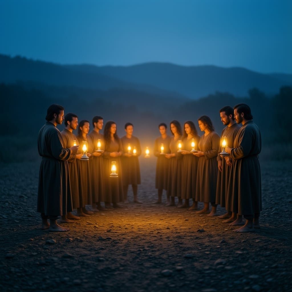 Ancient Gathering in Soft Lantern Light