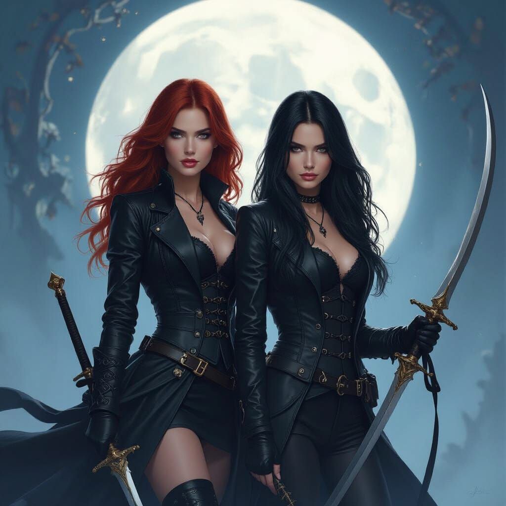 Gothic Women with Weapons in Ethereal Moonlight