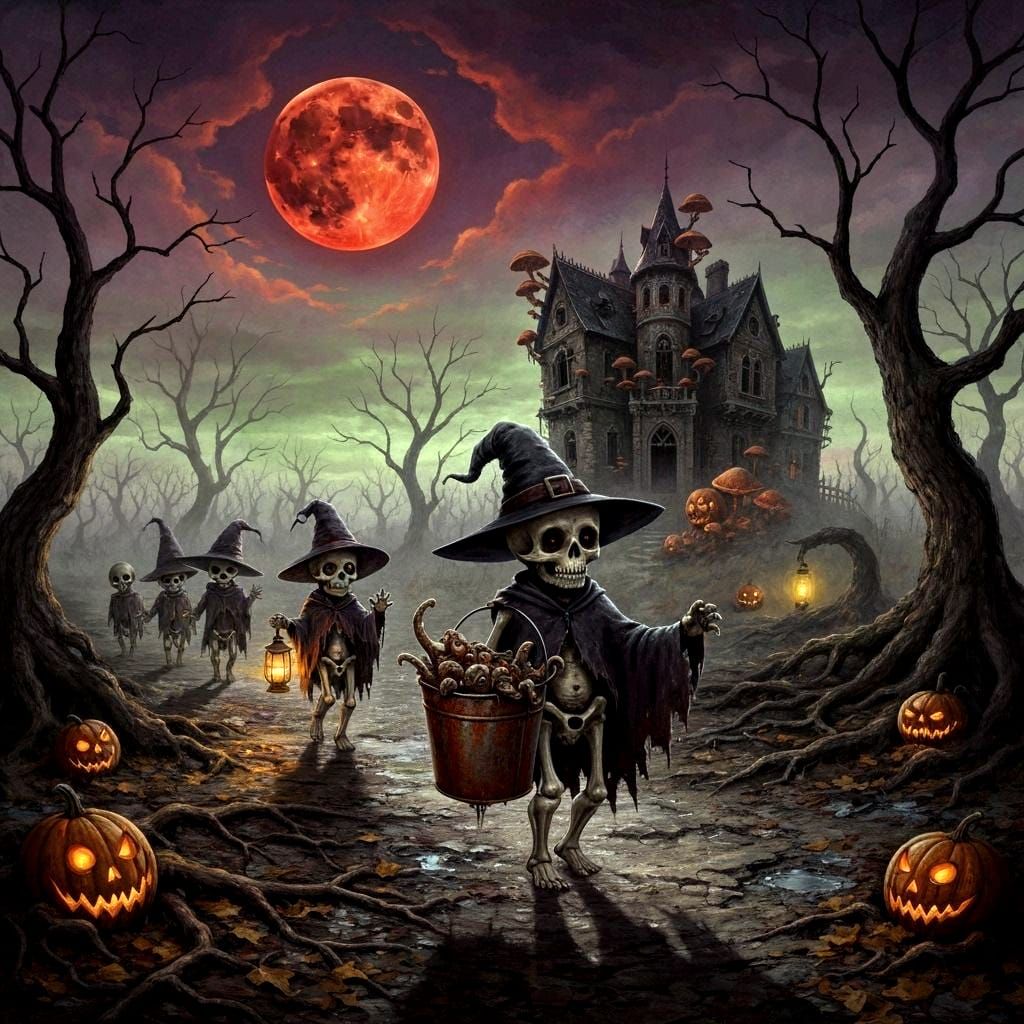 Twisted Halloween Scene Under Blood Moon