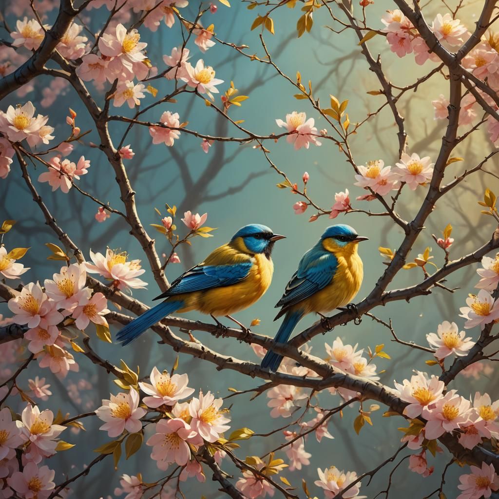 Spring Tree and Bird: Fantasy Art Nouveau