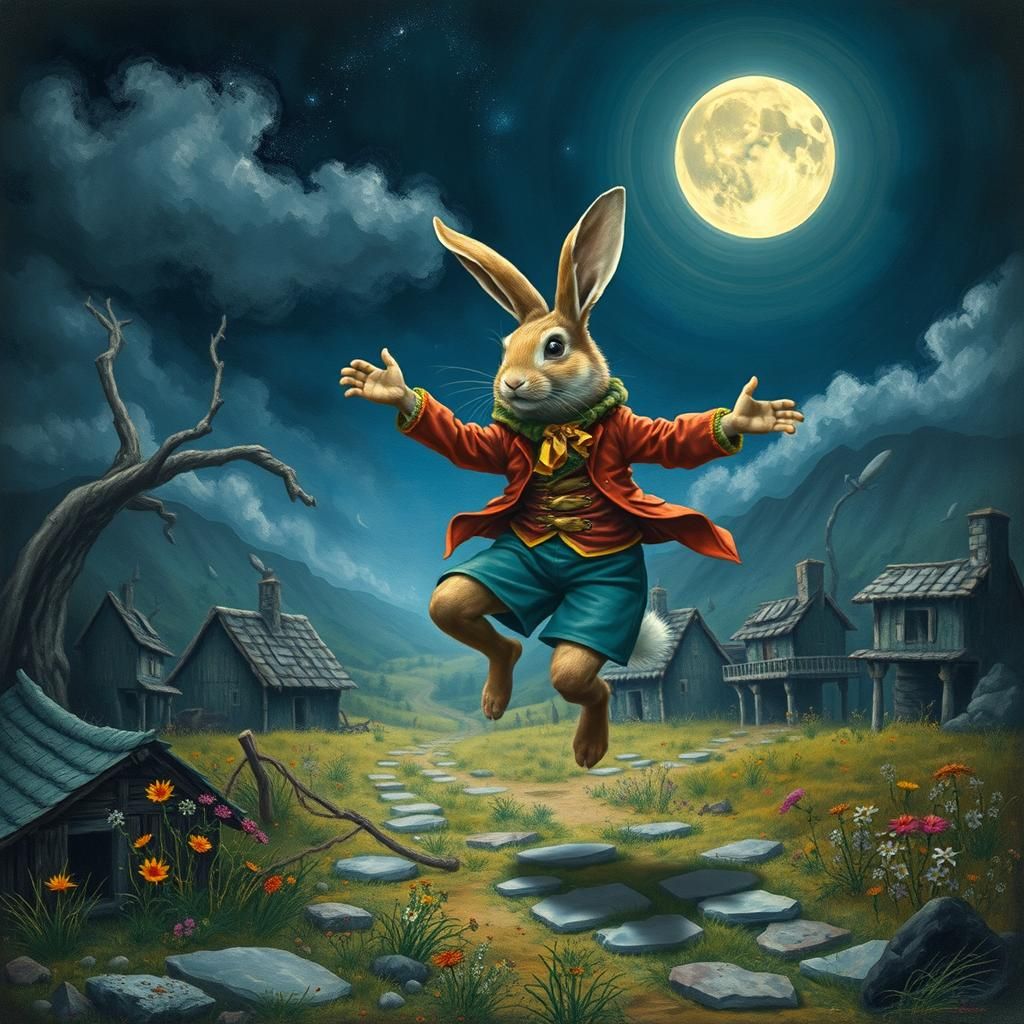 Rabbit's Moonlit Dance in a Surreal Landscape
