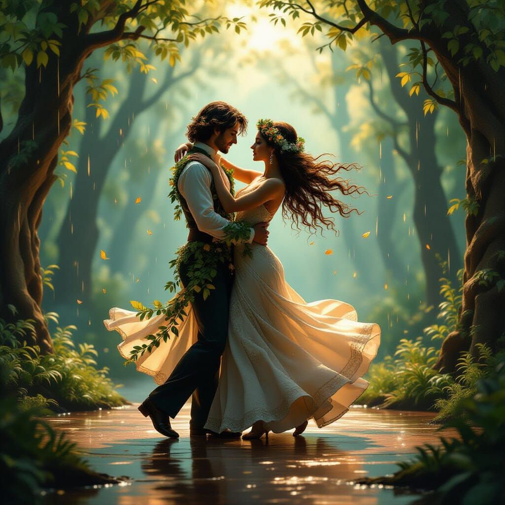 Foliage Dancers on Rain-Slicked Woodland Stage