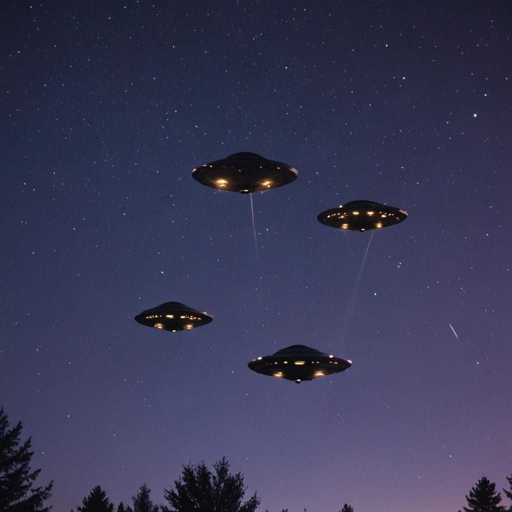 Two UFOs in Starry Night Sky: Cinematic Film Still