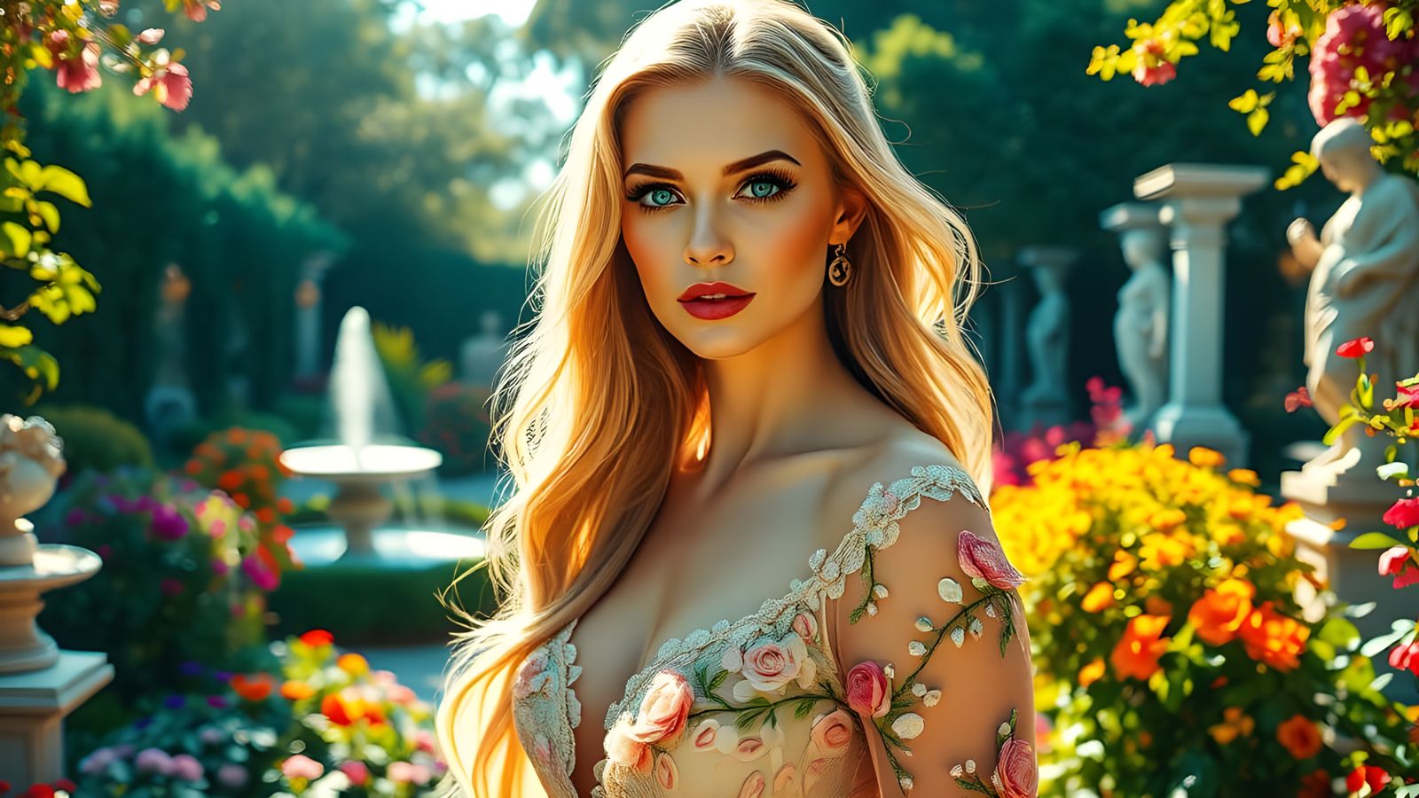 Ethereal Goddess Radiates Elegance in Lush Garden Setting