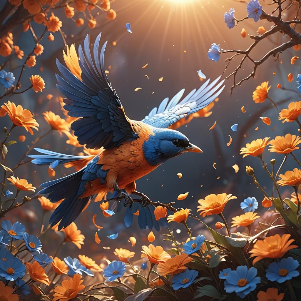 Fantastical Bird Picking Petals on the Sun