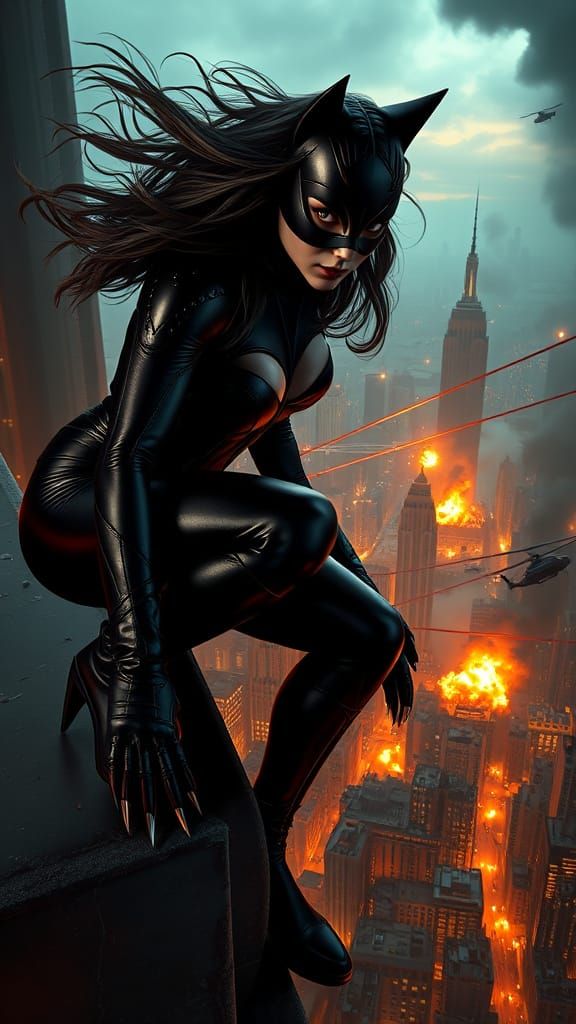 Catwoman on Gothic Skyscraper Ledge in Dark Fantasy Style
