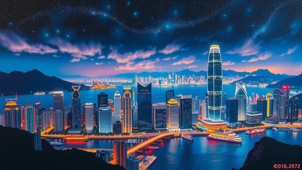 Victoria Harbour Night View as Oil Painting