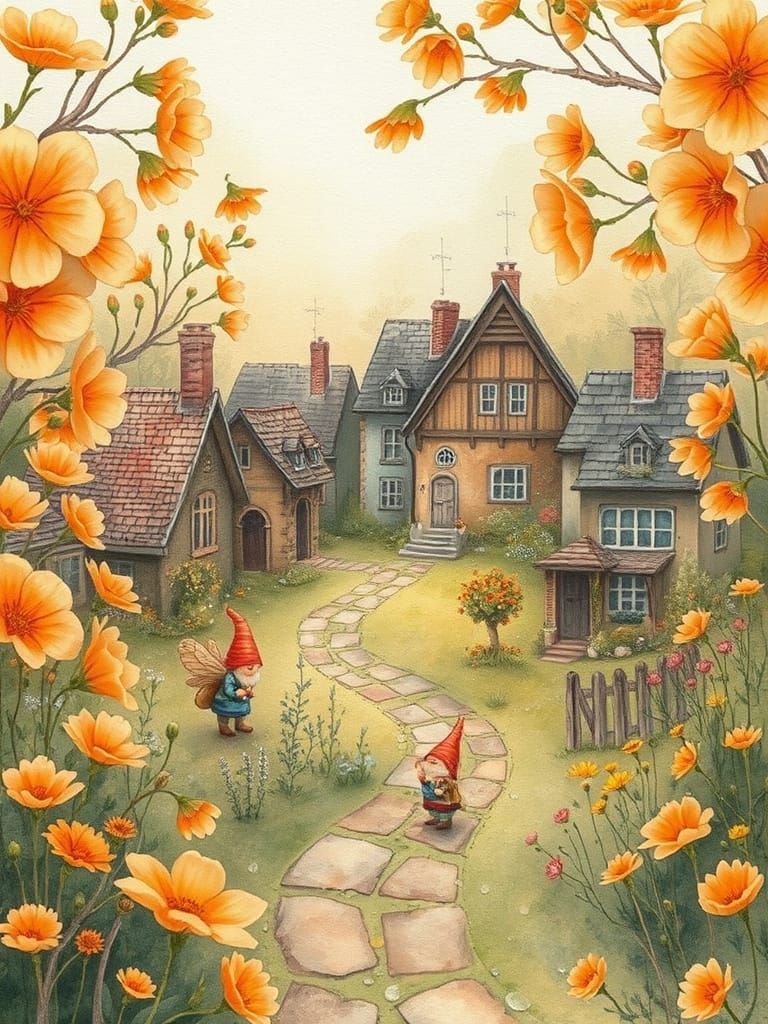 Quaint Village with Gnomes and Floral Houses
