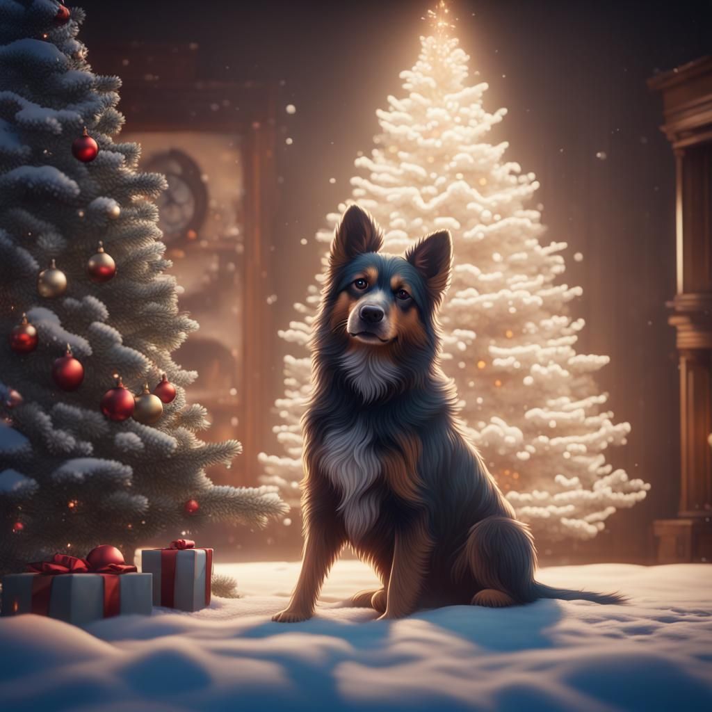 Dog by Snowy Christmas Tree, Digital Matte Painting