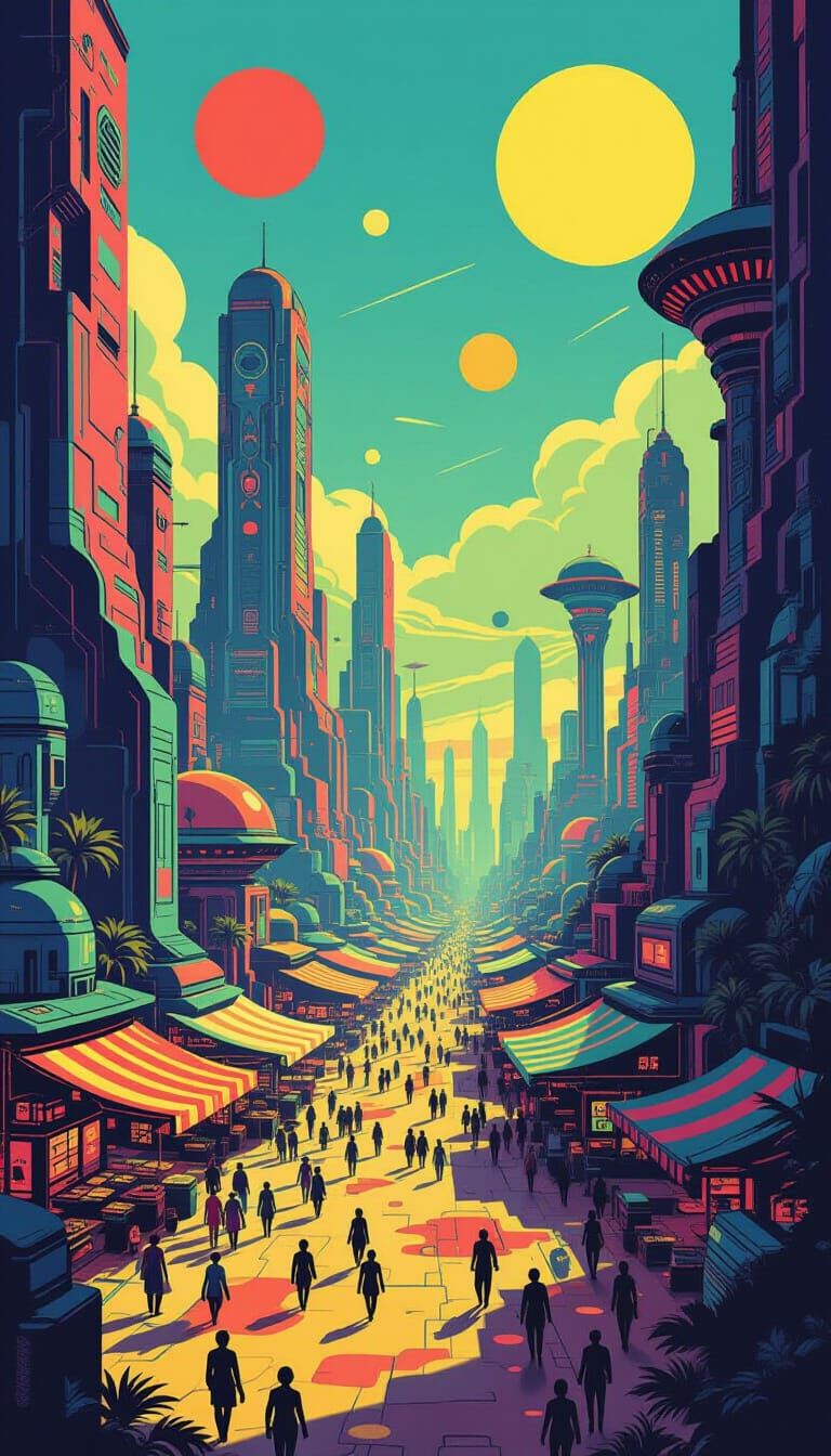 Vibrant Alien Marketplace in Psychedelic Poster Art Style