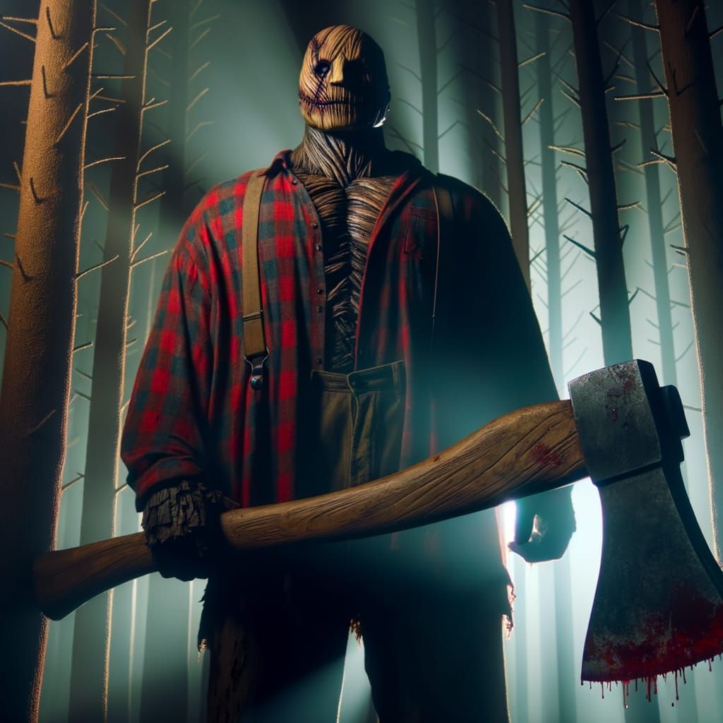Eerie Giant Lumberjack in Shadowy Forest