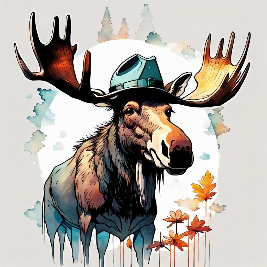Moose in Hat Fairytale, Aquarell Style