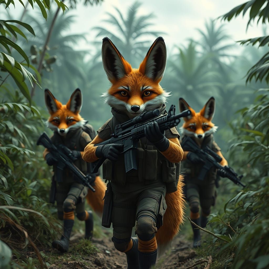 Anthropomorphic Fox Soldiers on Jungle Mission