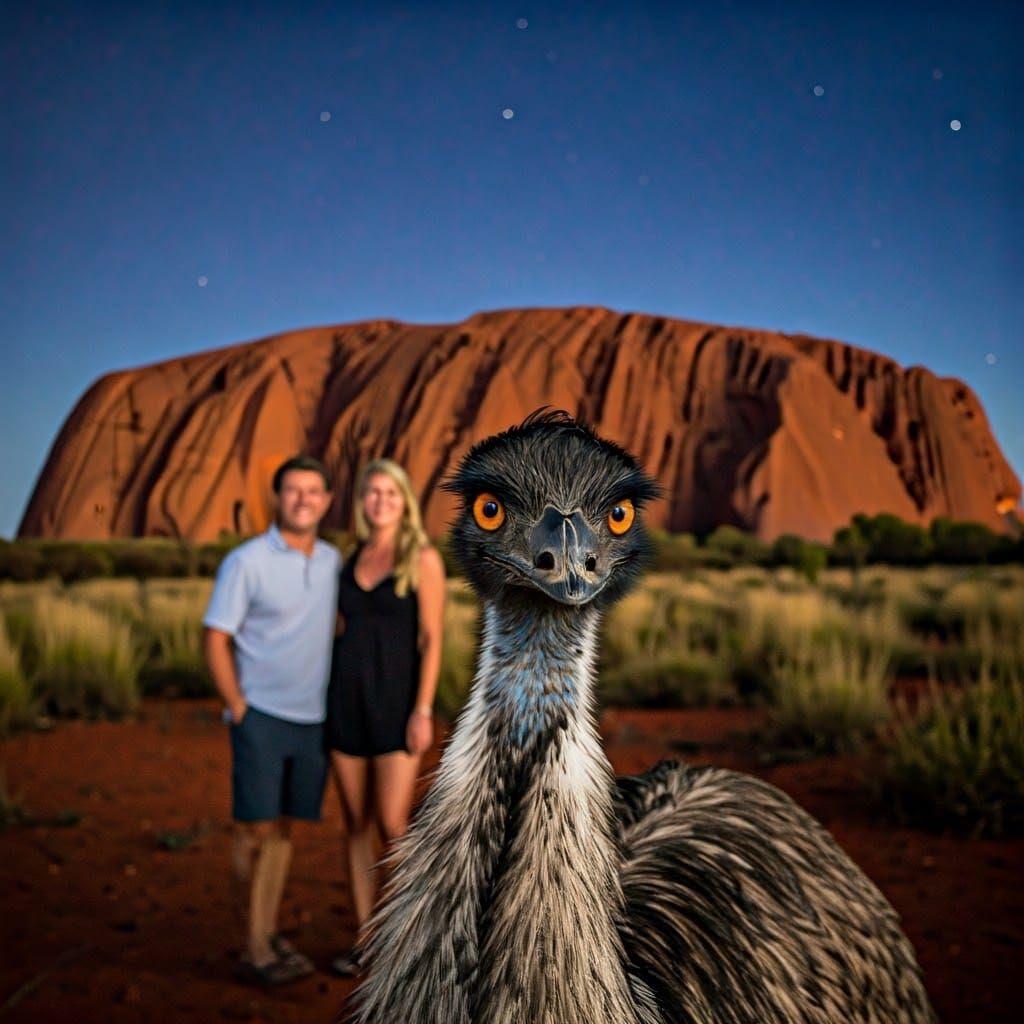 Emu Photobombing Tourists at Uluru: Photorealistic Image