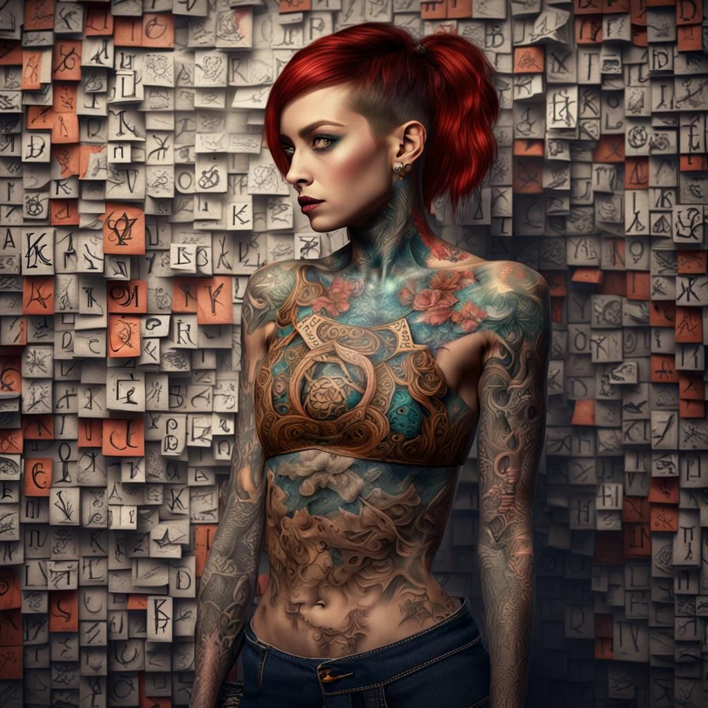Woman with Letter Tattoos in Detailed Matte Painting