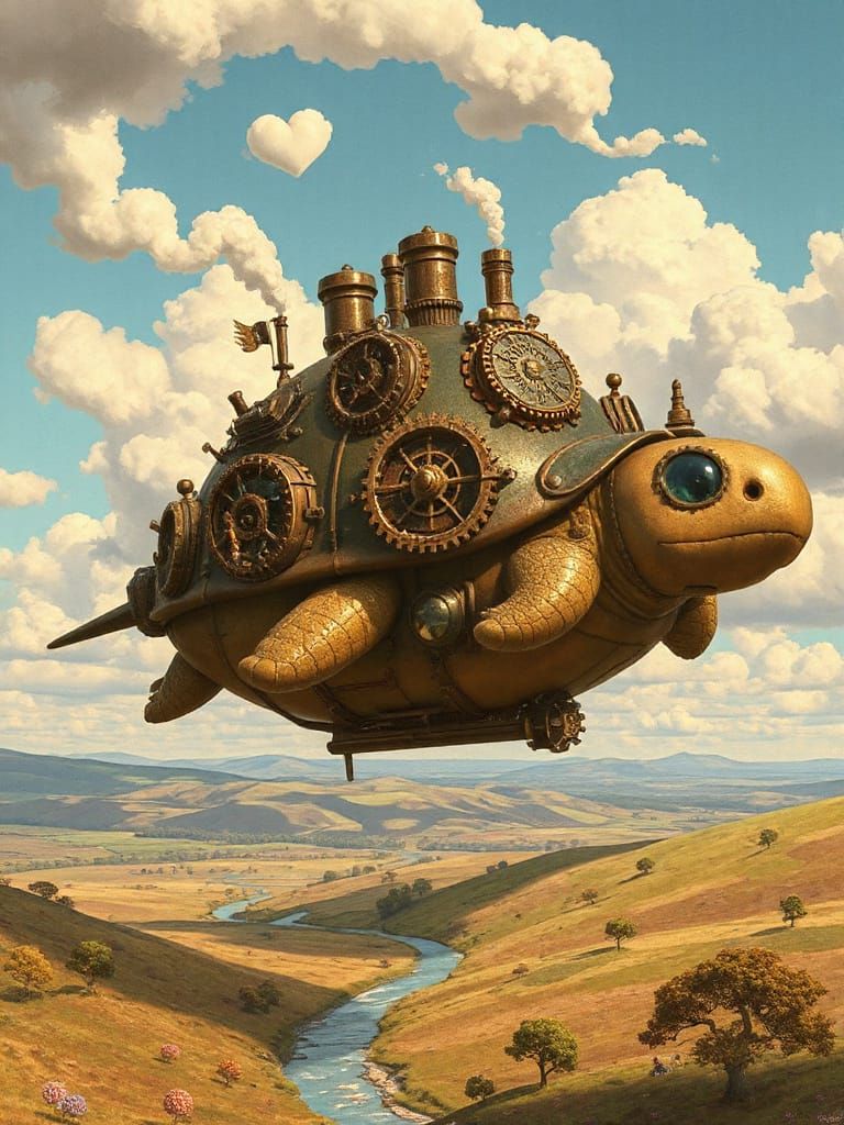 Steampunk Turtle Airship Soars in Whimsical Fantasy Landscap...