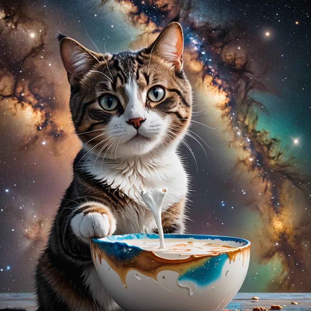 Hyperrealistic Cat Sipping Milk Under Milky Way