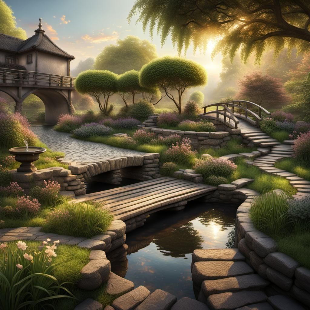 Garden design, wabi Sabi, water pond, bridge, stone fountain, wooden bench, cobbled pathway, grass, natural sunrise ligh...