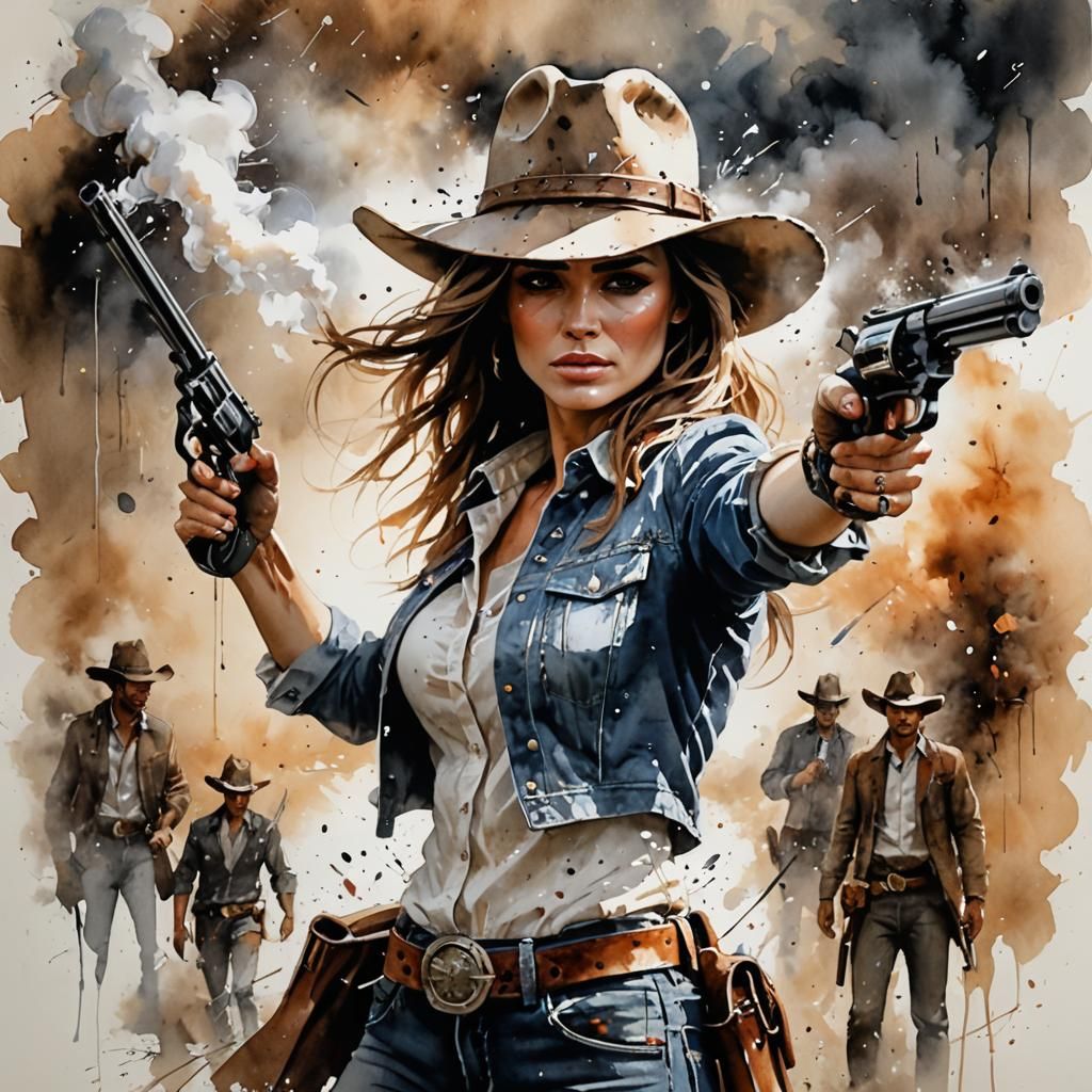 Smoking Gun Cowgirl: Watercolor Masterpiece