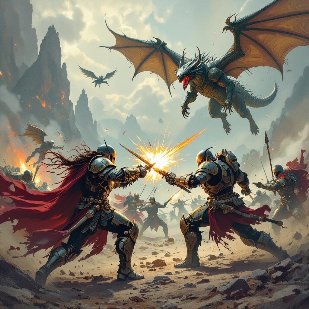 Armored Warriors Clash in a Mythical Battle Scene