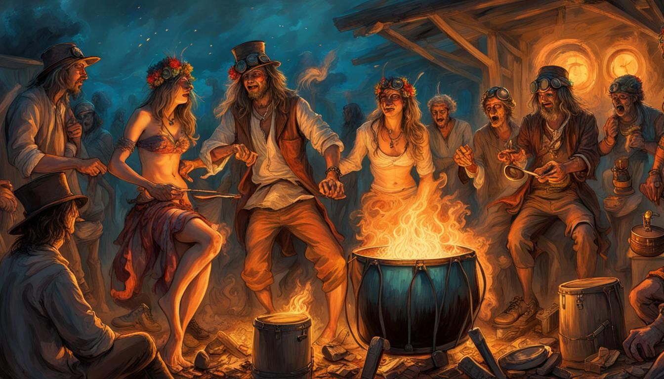 Hippies at Goa Trance Party with Steampunk Elements