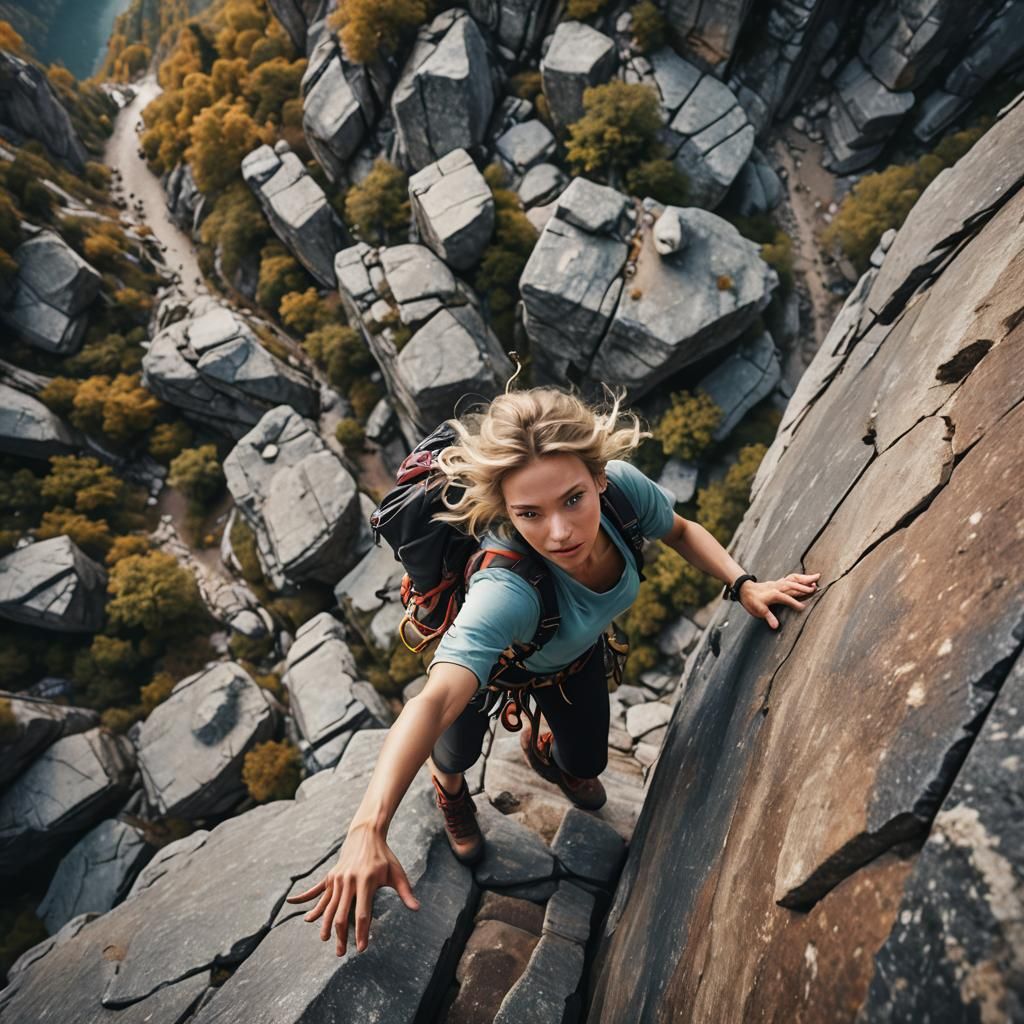 Dynamic Top-View of a Female Rock Climber