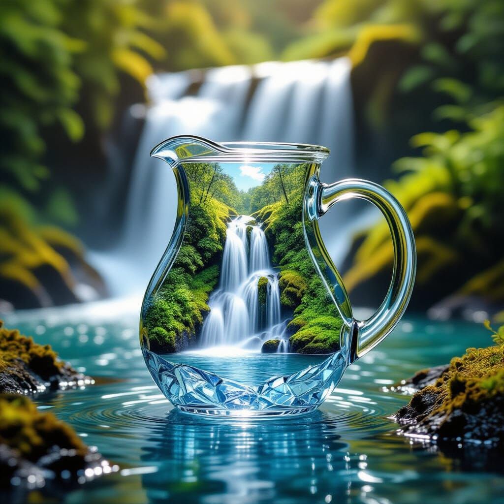 Waterfall in Crystal Jug: Artistic Miniature