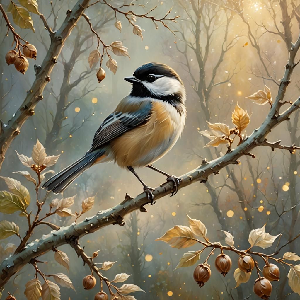 Chickadee in Ethereal Forest: Kinkade-Inspired Oil Painting