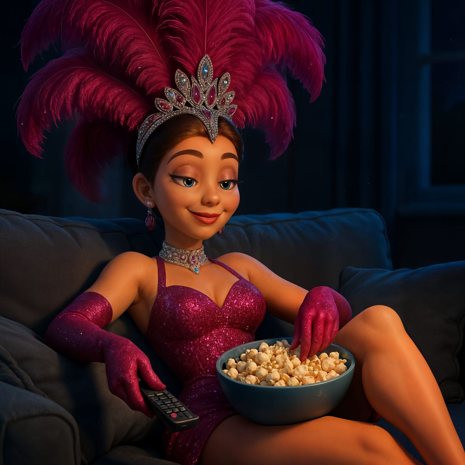 CGI Showgirl Relaxes and Watches a Movie