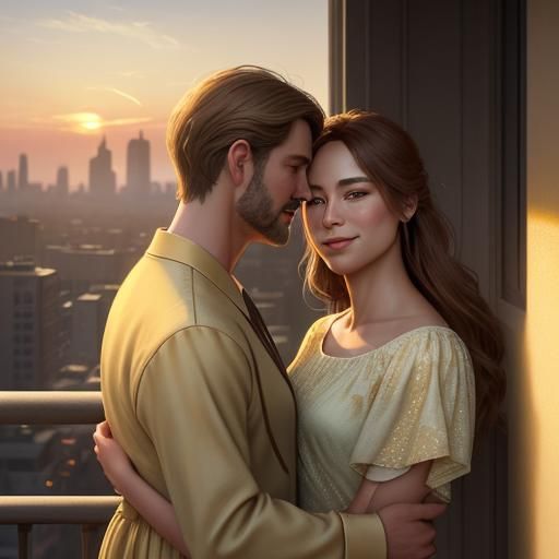 Romantic Sunset Balcony Scene in Digital Art
