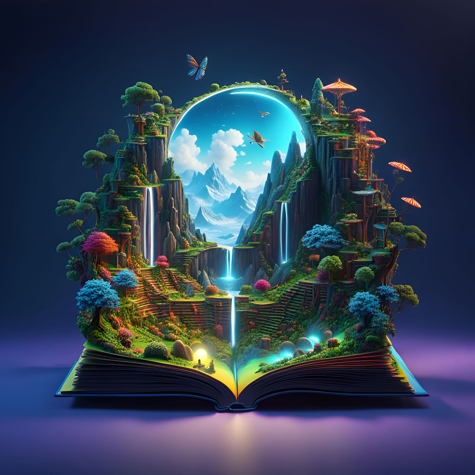 Miniature World Grows from Open Book: Psychedelic 3D Render
