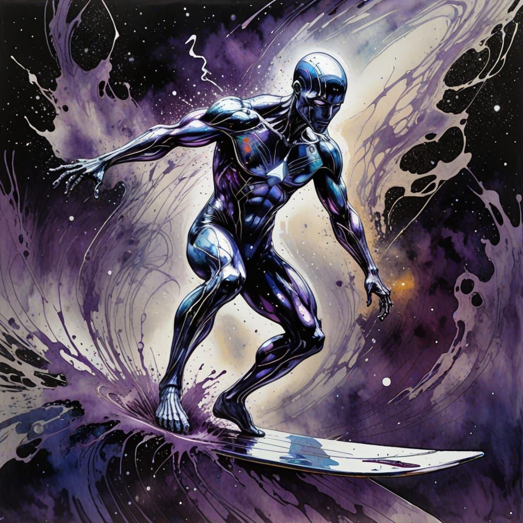 Cosmic Watercolor: Silver Surfer on Interstellar Wave