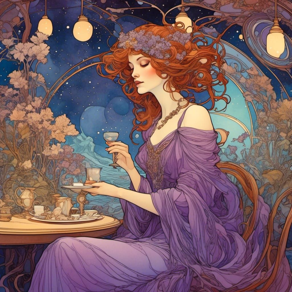 Mucha-Inspired Woman in Surreal Night Cafe