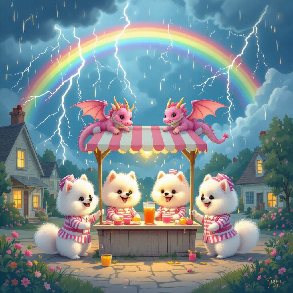 Pomeranians Sell Pink Lemonade Amidst Dragons and Storm