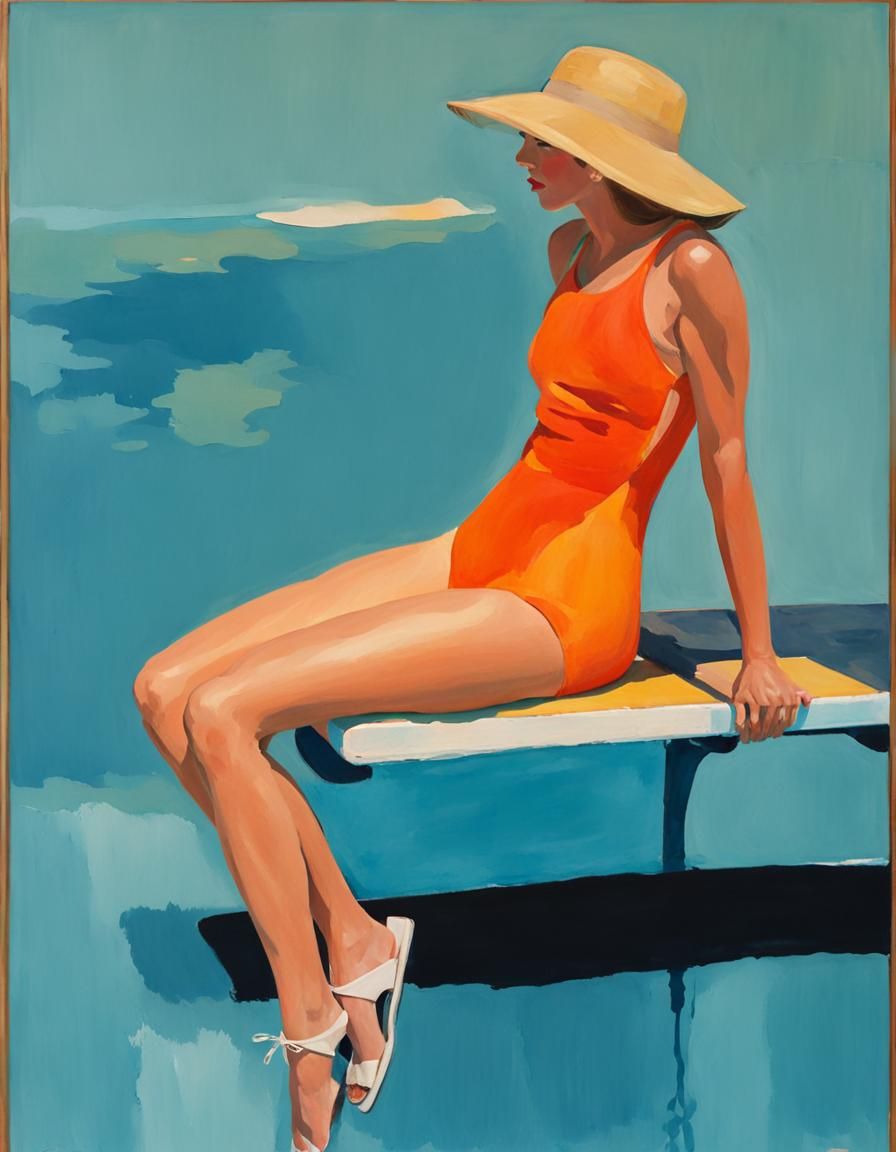 Young woman in an orange swimsuit and sun hat sitting on a d...