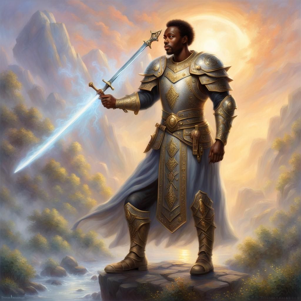 An African American man as a paladin, armed with sword of light