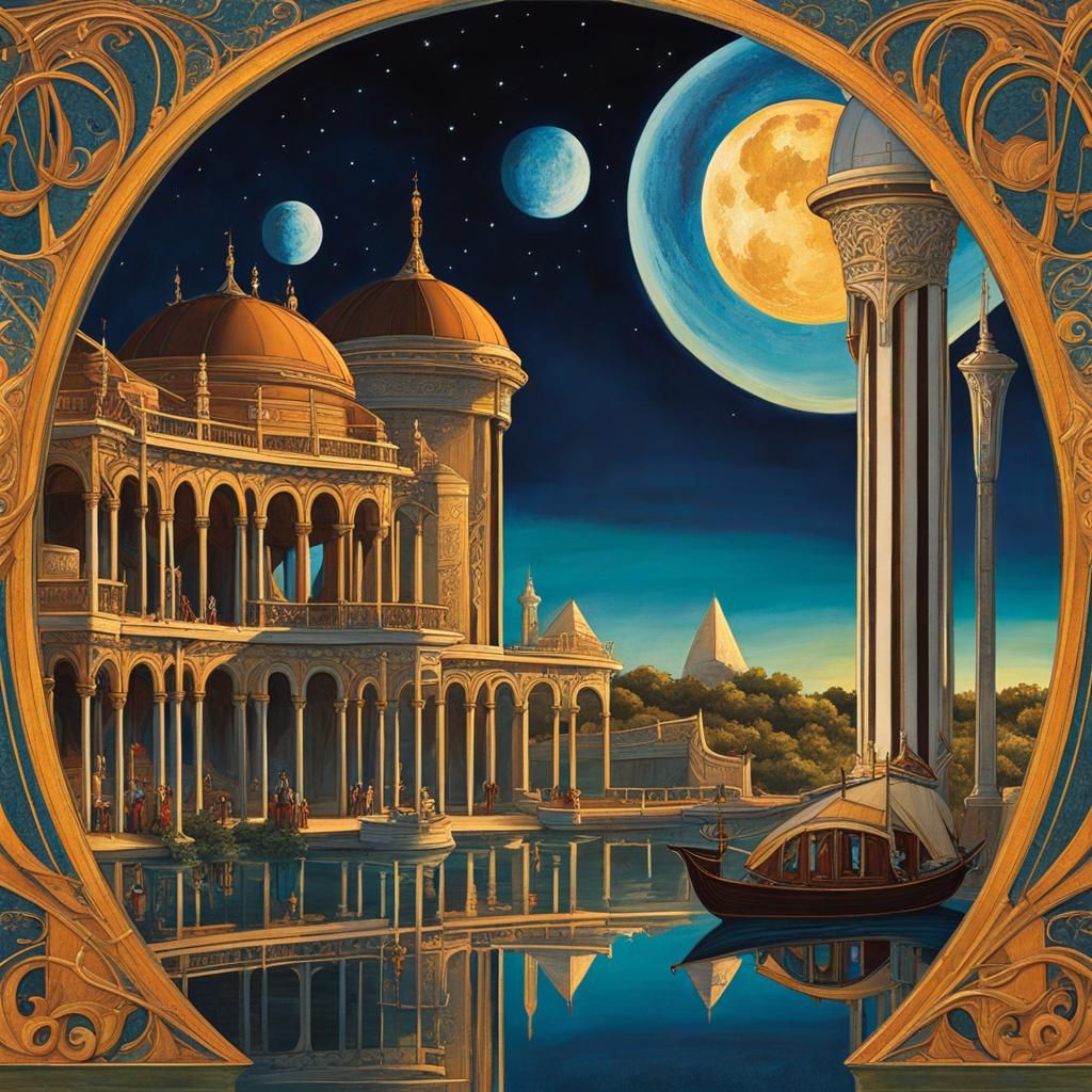 Fantasycore Ancient City Under Starry Sky, Art Nouveau Style